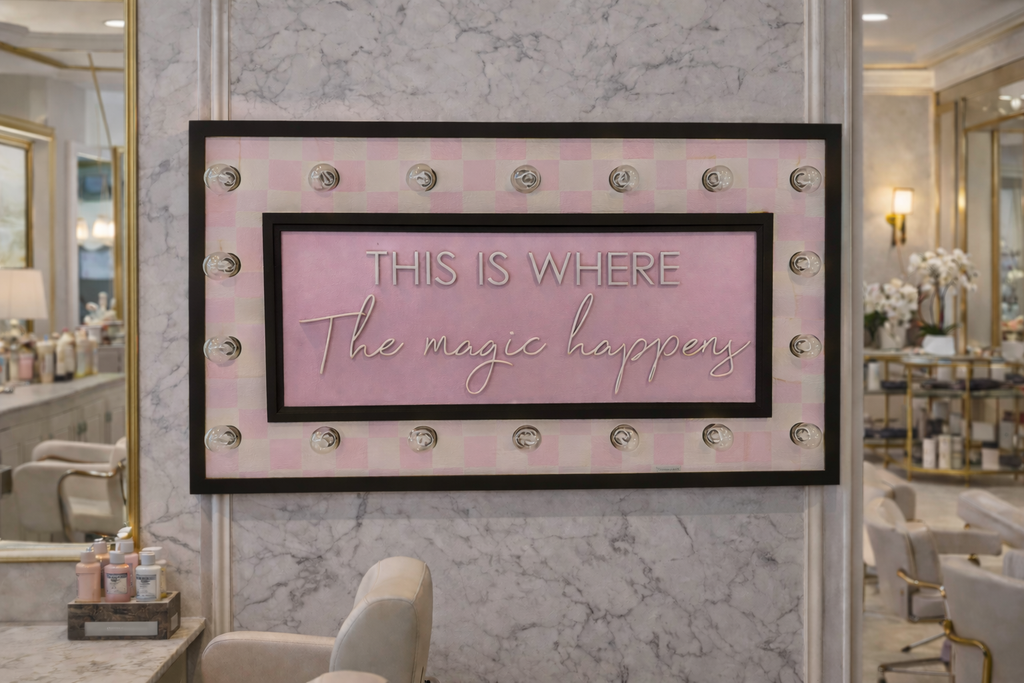 Pink Checkered This is Where the Magic Happens Lighted Box Sign
