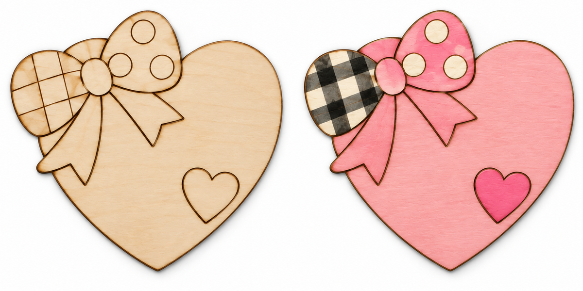 Bow Heart unfinished etched wood cutout beside painted inspiration mockup