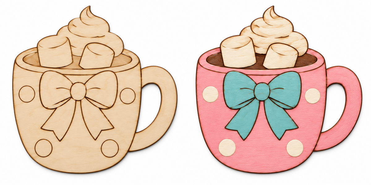 Cozy Cocoa unfinished etched wood cutout beside painted inspiration mockup