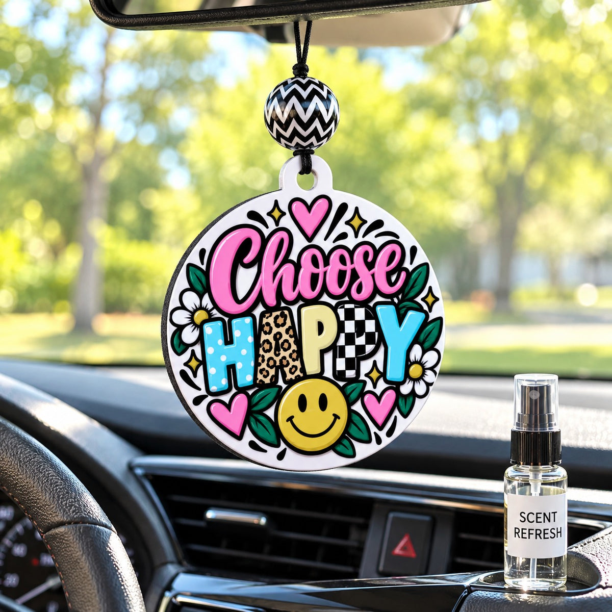Choose Happy car freshie hanging in a car