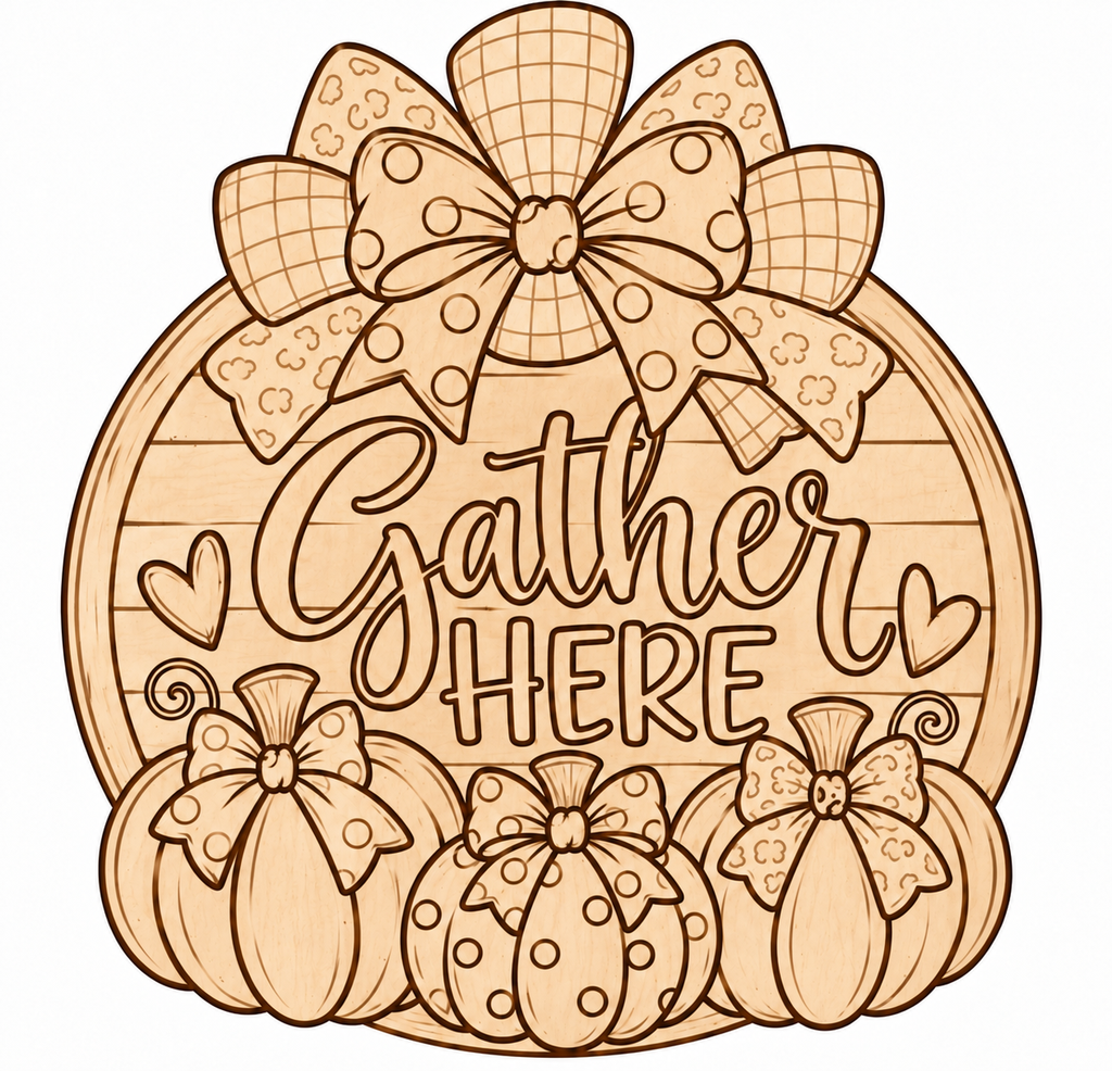 Gather Here DIY Paint Cutout — unpainted wood with light etched pattern guides