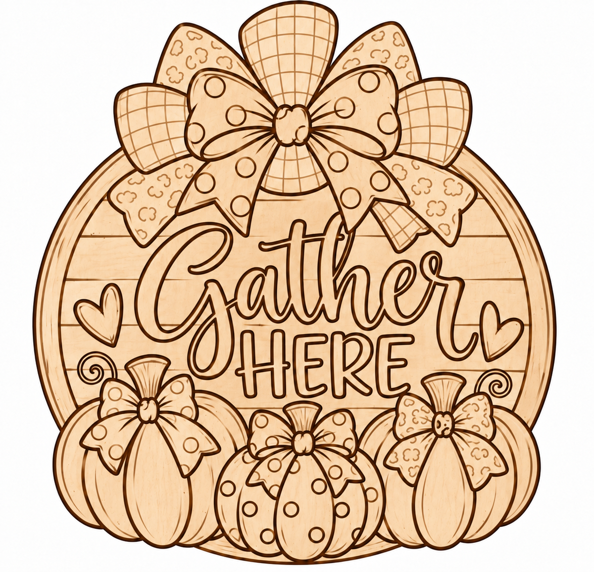 Gather Here DIY Paint Cutout — unpainted wood with light etched pattern guides