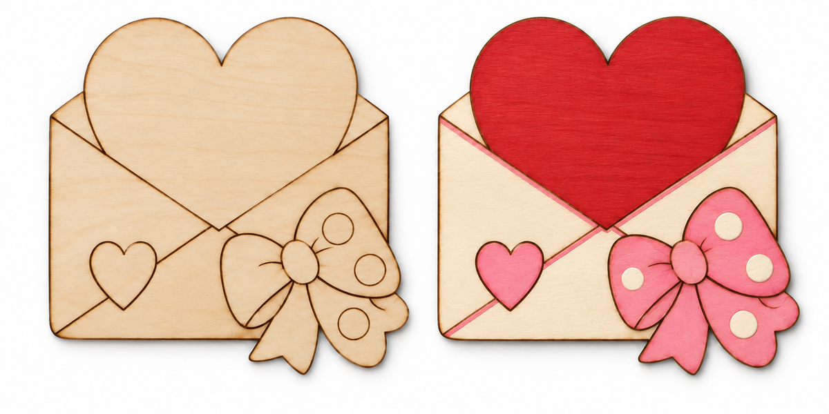 Love Letter unfinished etched wood cutout beside painted inspiration mockup