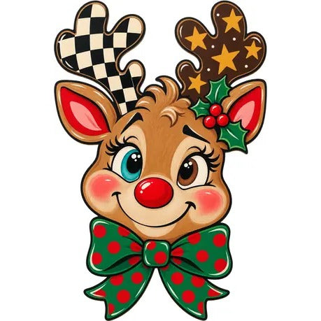 Checkered Antler Reindeer Door Hanger