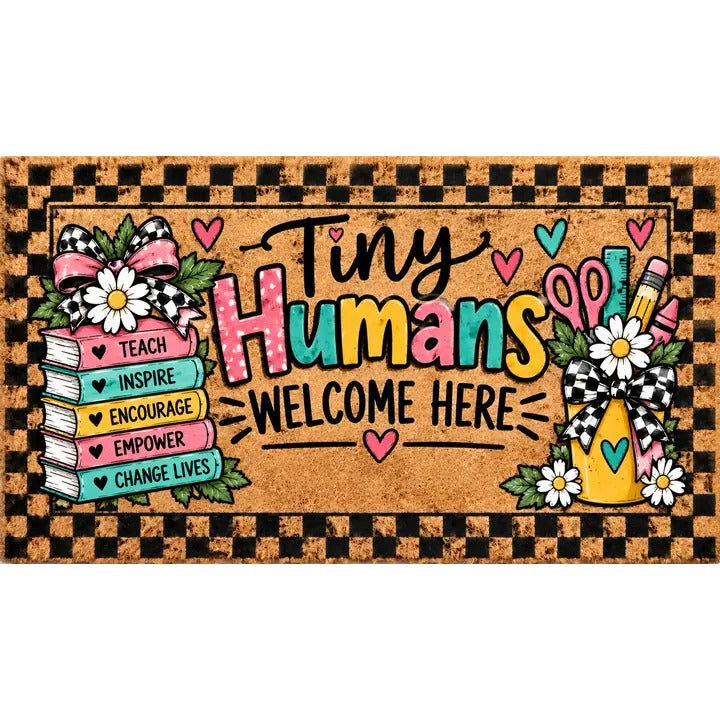 Welcome Doormat: Tiny Humans Welcome Here (watering can)