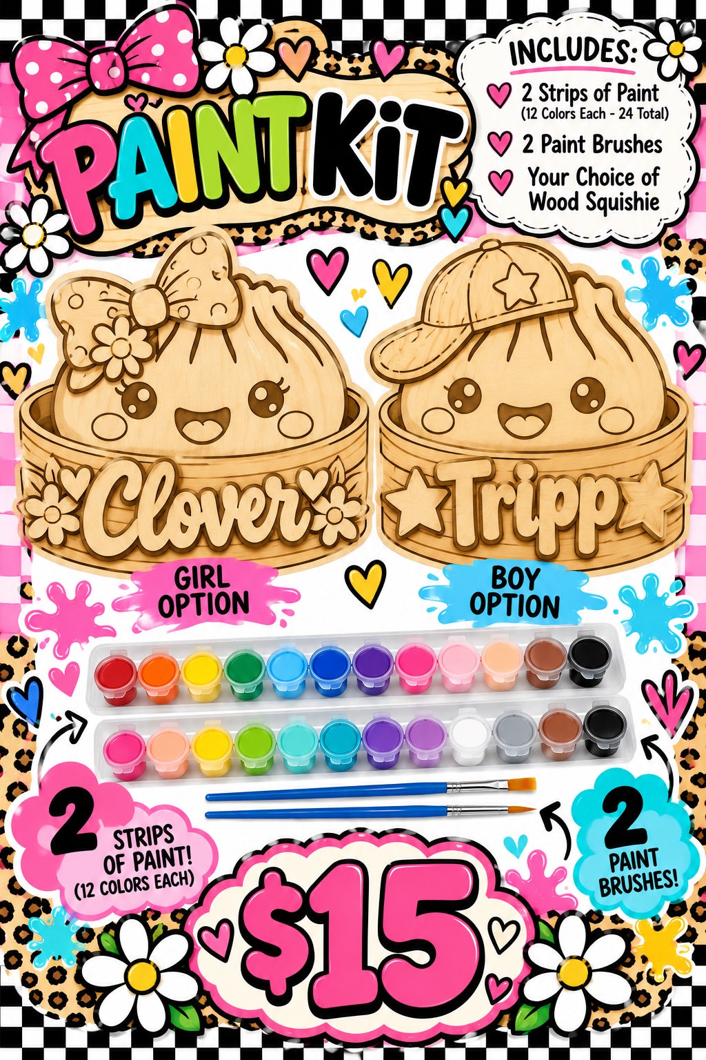 Girl and boy personalized wooden Squishie paint kits with paint and brushes, $15