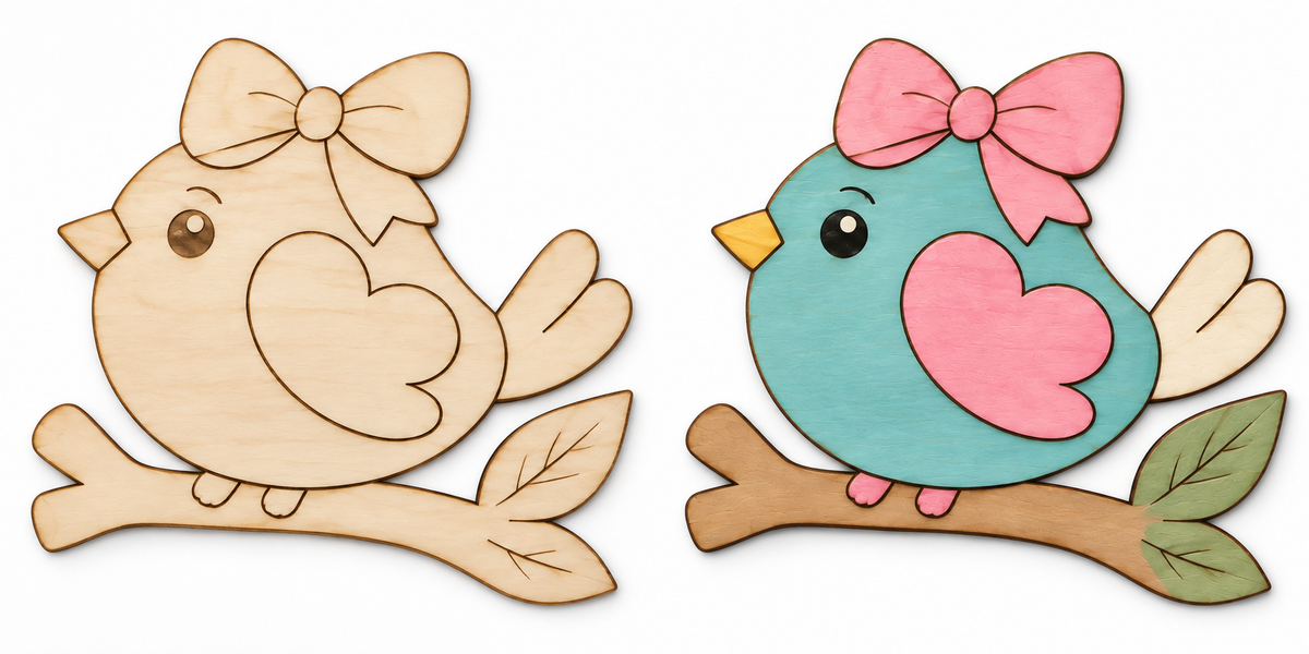Sweet Love Bird unfinished etched wood cutout beside painted inspiration mockup