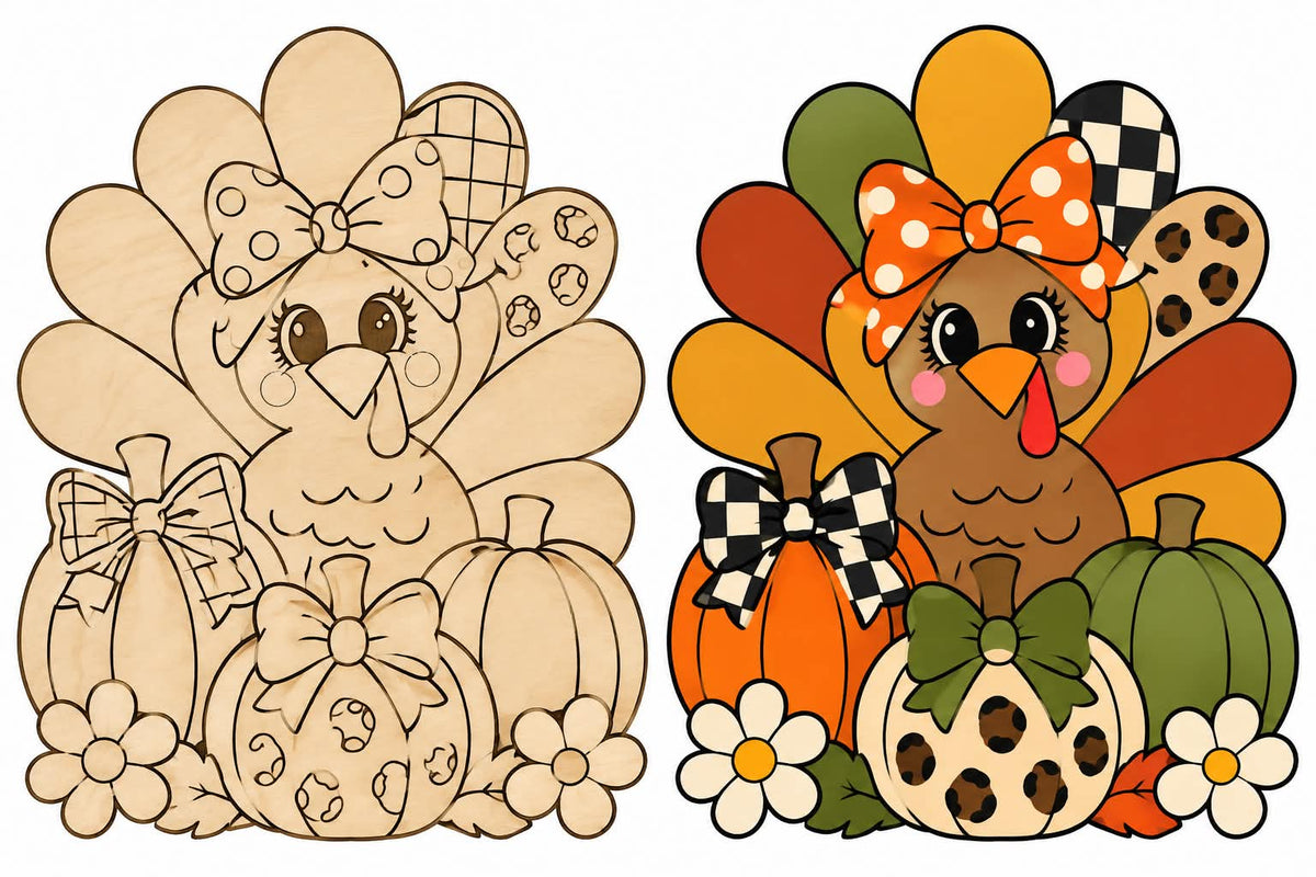 Turkey & Pumpkins wood cutout with painted inspiration