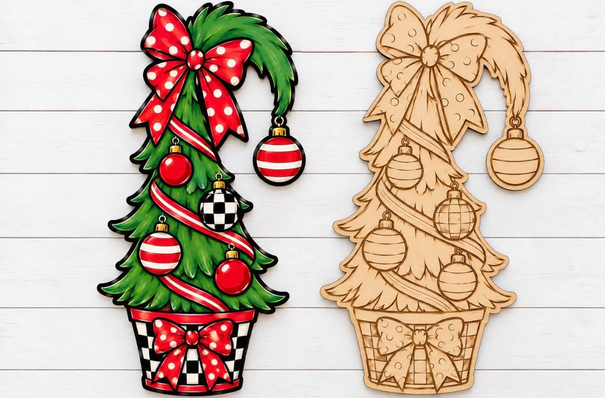 Whimsical Christmas Tree wood cutout with painted inspiration