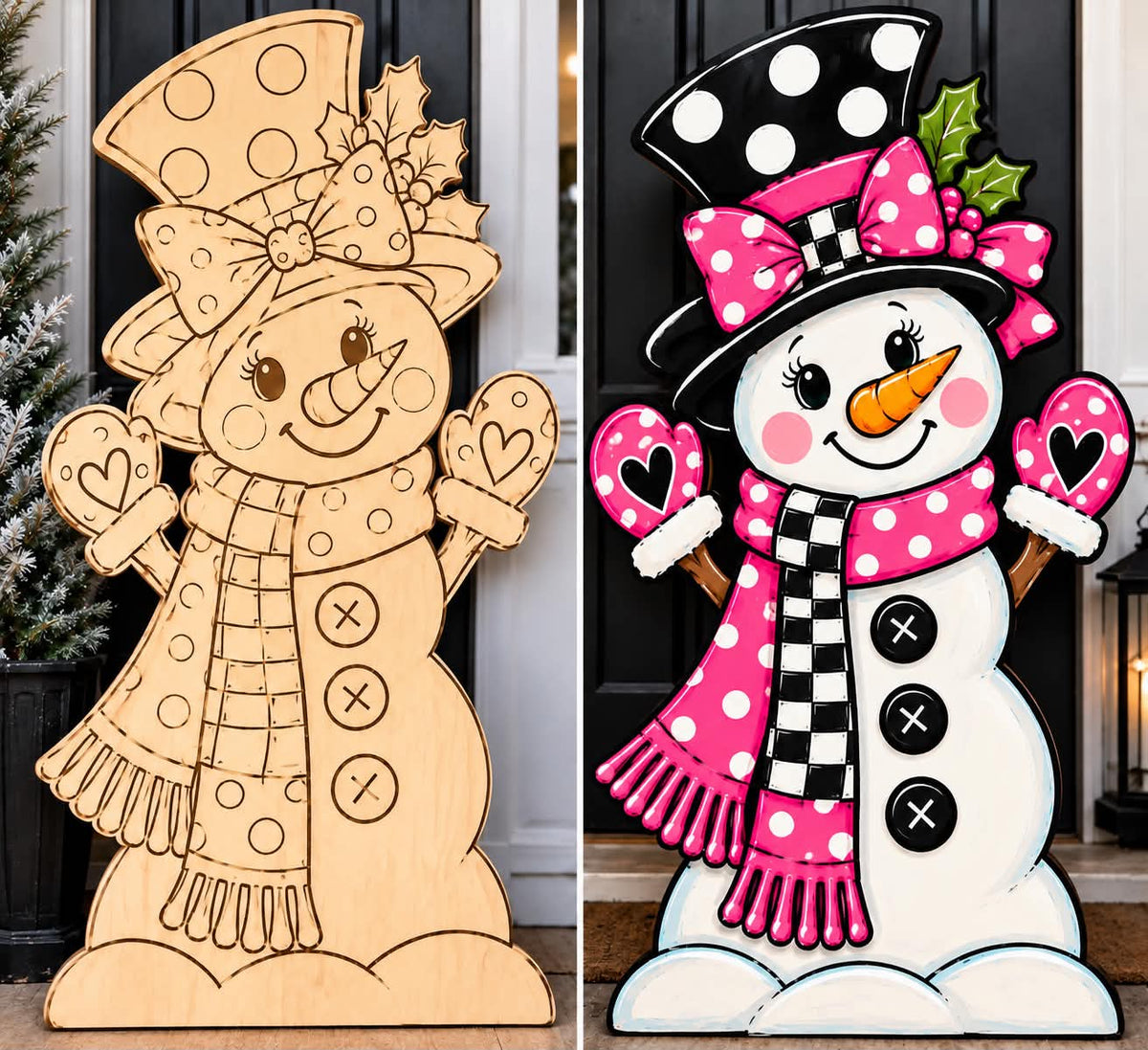 Whimsical Winter Snowman wood cutout with painted inspiration