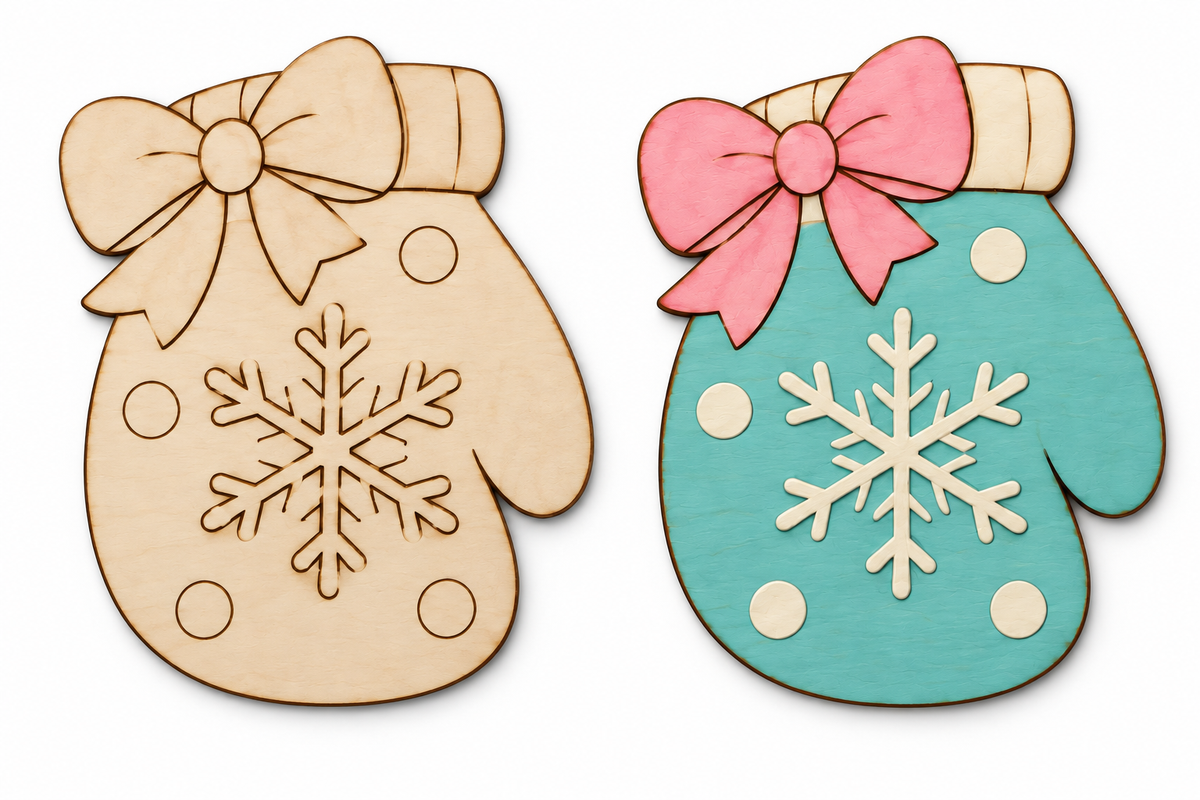 Winter Mitten unfinished etched wood cutout beside painted inspiration mockup